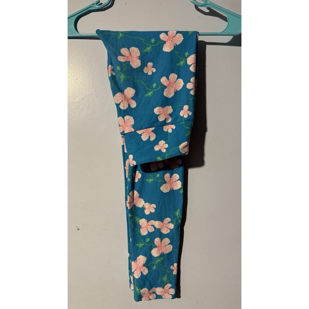 LuLaRoe OS Hawaiian Plumeria Floral Leggings Blue Pink Buttery Soft EUC